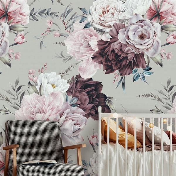 Beautiful Peonies Floral Peel and Stick Wallpaper | Removable Watercolor Floral Mural | Self Adhesive or Pre-Pasted Wallpaper | Eco Friendly