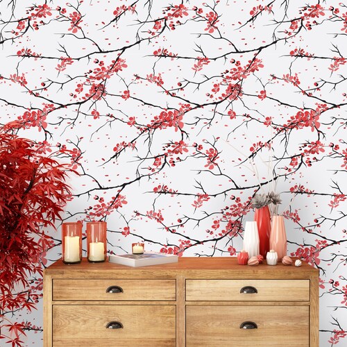 Red Rose Peel and Stick Wallpaper Sketch Floral Self Etsy