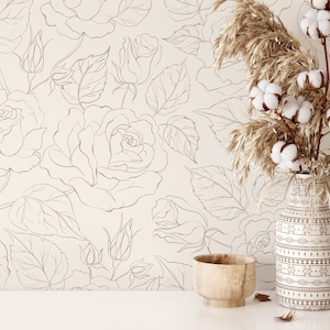 Boho Roses Papier Peint | Papier peint minimaliste auto-adhésif amovible | Papier peint à motif floral ou préencollé