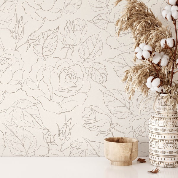 Boho Roses Wallpaper | Removable Self Adhesive Minimalistic Wallpaper | Floral Peel and Stick or Pre-Pasted Wallpaper