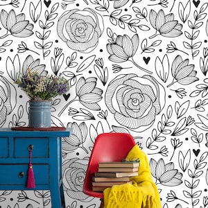 Removable Wallpaper Peony  | Peel and Stick Floral Pattern | Botanical Self Adhesive Wall Mural