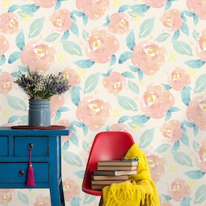 Removable Wallpaper | Peel and Stick Floral Wallpaper | Self Adhesive Watercolor Wallpaper | Pastel Peony Wallpaper
