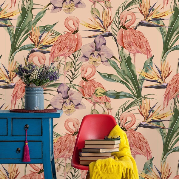 Removable Wallpaper | Peel and Stick Tropical Wallpaper | Self Adhesive Tropical Flamingos Wallpaper | Botanical Wallpaper