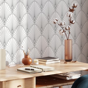 Klassische Art Deco Tapete zum Abziehen und Aufkleben Retro Abnehmbar Selbstklebende Geometrische Schwarz-Weiß-Wanddekoration Luxus Elegantes Wohndekor