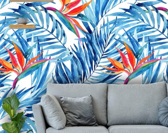 Removable Peel 'n Stick Wallpaper, Self-Adhesive Accent Wall Mural, Tropical Pattern, Nursery, Room Decor • Exotic Palm Leaves and Birds