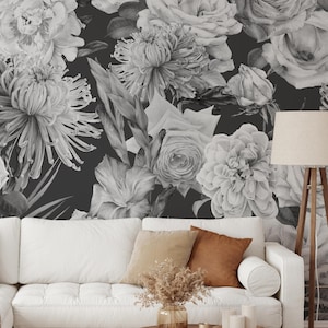 Black and White Roses Wallpaper | Removable Self Adhesive Watercolor Wallpaper | Floral Peel and Stick or Pre-Pasted Wallpaper
