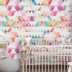 Removable Peel &#39;n Stick Wallpaper, Self-Adhesive Geometric Wall Mural, Watercolor Grunge Effect Pattern, Nursery Decor • Rainbow Triangle