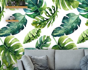Removable Peel 'n Stick Wallpaper, Self-Adhesive Accent Wall Mural, Tropical Pattern, Nursery, Room Decor • Exotic Tropical Banana Leaves