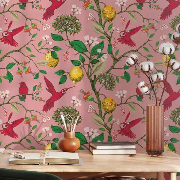 Pink Hummingbird and Lemon Tree Wallpaper | Removable Self Adhesive Birds Mural | Botanical Peel and Stick or Pre-Pasted Wallpaper