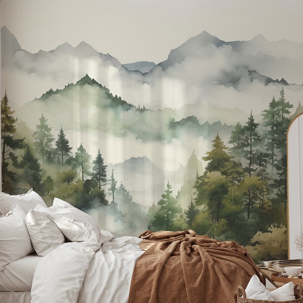 Mountains Forest Mural | Foggy Mountains Peel and Stick Wallpaper | Watercolor Woodland Self Adhesive or Pre-Pasted Wallpaper | Eco Friendly