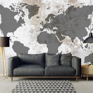 Papier peint amovible | Papier peint autocollant en ciment | Carte du monde murale | Décoration murale en béton