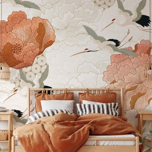 Japanese Crane Wallpaper | Removable Self Adhesive Floral Wallpaper | Vintage Peel and Stick or Pre-Pasted Wallpaper