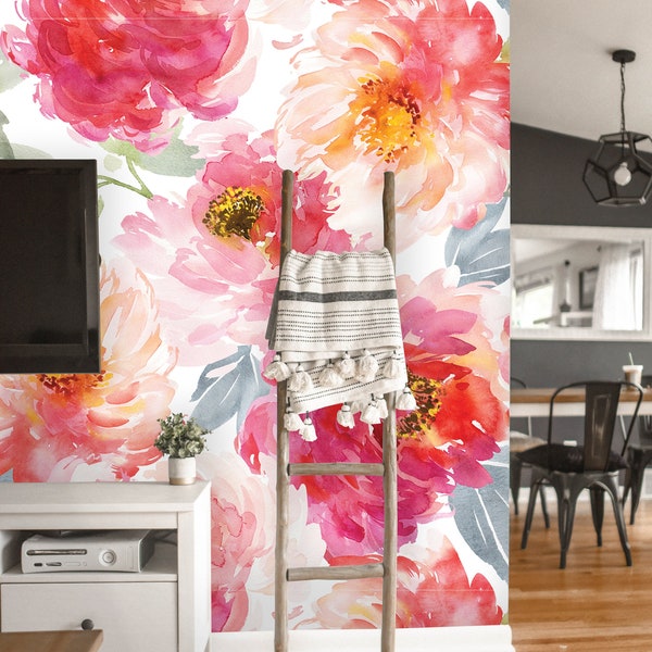 Removable Wallpaper | Peel and Stick Floral Wallpaper | Self Adhesive Watercolor Flowers Wallpaper | Peonies Mural