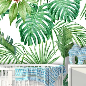 Monstera Palms Peel and Stick Wallpaper | Removable Tropical Leaves Mural | Self Adhesive or Pre-Pasted Wallpaper | Eco Friendly