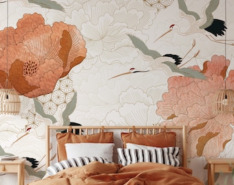 Japanese Crane Wallpaper | Removable Self Adhesive Floral Wallpaper | Vintage Peel and Stick or Pre-Pasted Wallpaper