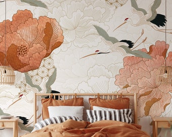 Japanese Crane Wallpaper | Removable Self Adhesive Floral Wallpaper | Vintage Peel and Stick or Pre-Pasted Wallpaper