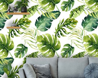 Removable Peel 'n Stick Wallpaper, Self-Adhesive Accent Wall Mural, Tropical Pattern, Nursery, Room Decor • Tropical Palm Leaves