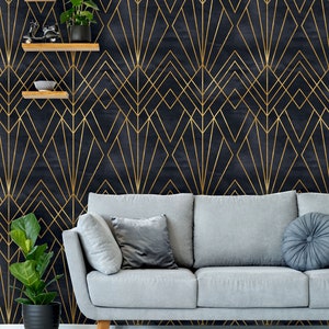 Art Deco Peel and Stick Wallpaper | Removable Geometric Black and Gold Mural | Self Adhesive or Pre-Pasted Home Decor | Eco Friendly