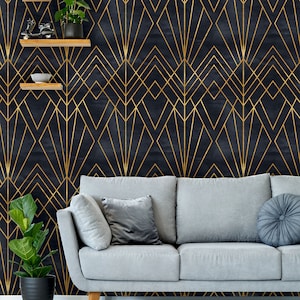 Art Deco Tapete zum Abziehen und Aufkleben | Abnehmbares geometrisches schwarz-goldenes Wandbild | Selbstklebend oder vorgeklebtes Wohndekor | Umweltfreundlich