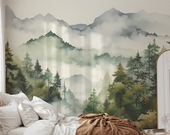 Mountains Forest Mural | Foggy Mountains Peel and Stick Wallpaper | Watercolor Woodland Self Adhesive or Pre-Pasted Wallpaper | Eco Friendly