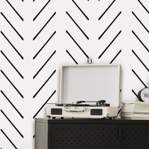 Herringbone Peel and Stick Wallpaper | Removable Self Adhesive Scandinavian Black&White Mural | Chevron Boho Lines | Wall Decor