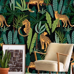 Trendy Leopards Peel and Stick Wallpaper | Removable Tropical Safari Mural | Self Adhesive or Pre-Pasted Wallpaper | Eco Friendly