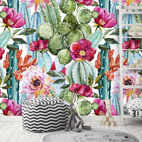 Removable Peel 'n Stick Wallpaper, Self-Adhesive Wall Mural, Watercolor Tropical Pattern, Nursery Decor • Tropical Flowers, Roses and Cactus