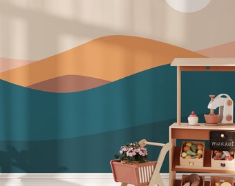Berglandschaftstapete mit Sonne | Abnehmbares, selbstklebendes Sonnenuntergangs-Wandbild | Natur Moderne Wanddekoration | Minimales Boho-Bergwanddesign