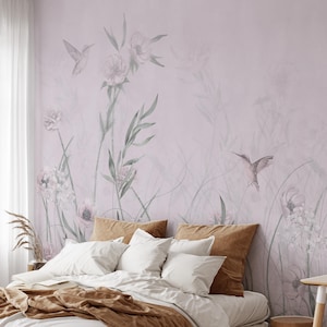 Сhinoiserie Blossom Mural with Flowers and Birds | Blush Botanical Removable Self Adhesive Wallpaper | Girls Room Accent Wall Decor