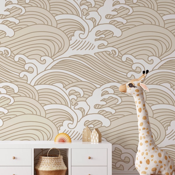 Beige Chinese Waves Wallpaper | Removable Peel and Stick Waves Mural | Nursery Self Adhesive or Pre-Pasted Wallpaper | Eco Friendly