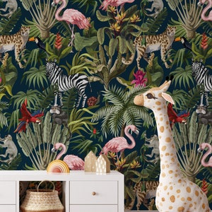 Jungle Animals Wallpaper | Removable Peel & Stick Tropical Mural | Safari Animals Kids Self Adhesive or Pre-Pasted Wallpaper | Eco Friendly