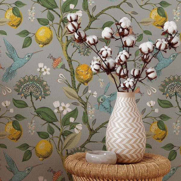 Hummingbird and Lemon Tree Wallpaper | Removable Self Adhesive Birds Mural | Botanical Peel and Stick or Pre-Pasted Wallpaper