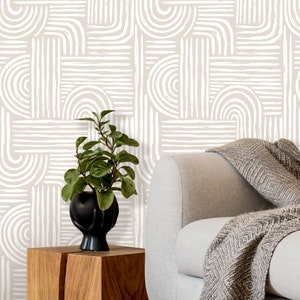 Papier peint autocollant beige esthétique | Murale géométrique auto-adhésive amovible | Lignes bohèmes du milieu du siècle | Respectueux de l'environnement