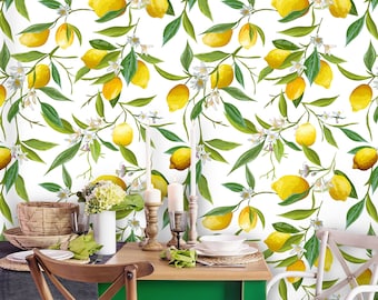 Removable Wallpaper | Peel and Stick Floral Wallpaper Pattern | Tropical Wallpaper | Lemon Wallpaper