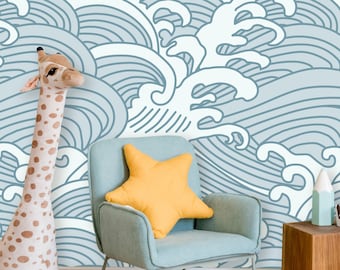 Chinese Waves Peel and Stick Wallpaper | Removable Blue-Gray Mural | Self Adhesive or Pre-Pasted Wallpaper | Eco Friendly