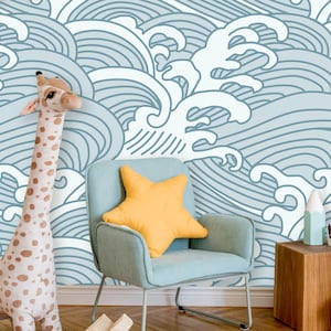 Chinese Waves Peel and Stick Wallpaper | Removable Blue-Gray Mural | Self Adhesive or Pre-Pasted Wallpaper | Eco Friendly