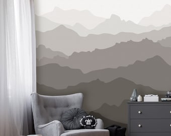 Warm Grey Mountain Mural | Ombre Mountain Peel and Stick Wallpaper Mural | Self Adhesive or Pre-Pasted Wallpaper | Eco Friendly