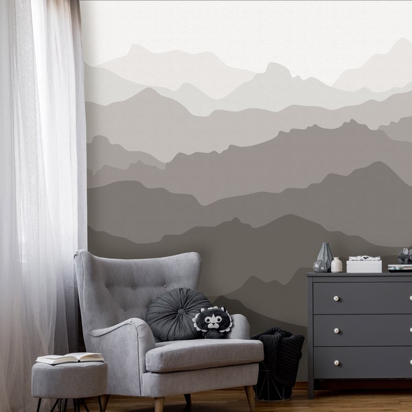 Warm Grey Mountain Mural | Ombre Mountain Peel and Stick Wallpaper Mural | Self Adhesive or Pre-Pasted Wallpaper | Eco Friendly