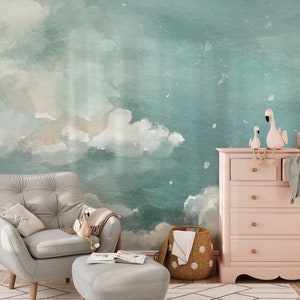 Cloudy Sky Wallpaper | Removable Self Adhesive Pastel Blue Nursery Wallpaper | Vintage Clouds Peel and Stick or Pre-Pasted Wallpaper