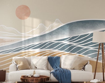 Vagues chinoises et montagne Papier peint | Autocollant mural amovible coucher de soleil | Décoration murale d'art au trait moderne | Mur bohème paysage minimaliste