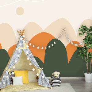 Modern Mountains Peel and Stick Wallpaper | Removable Green Orange Mountain Mural | Self Adhesive or Pre-Pasted Wallpaper | Eco Friendly