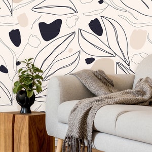 Modern Leaves Peel and Stick Wallpaper | Floral Minimalist Removable Mural | Self Adhesive or Pre-Pasted Wallpaper | Eco Friendly