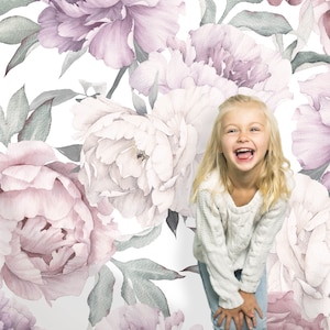 Peony Bouquet Peel and Stick Wallpaper | Removable Floral Wallpaper | Self Adhesive Watercolor Peonies Large Mural | Pink Nursery Wallpaper