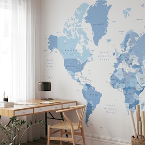 Blauw groot wereldkaartbehang | Peel-and-Stick verwijderbare zelfklevende wereldkaartmuurschildering | Zelfklevend of voorgelijmd behang | Eco: