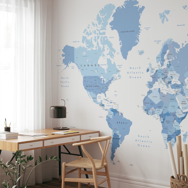 Blue Large World Map Wallpaper | Peel and Stick Removable Self Adhesive World Map Wall Mural | Self Adhesive or Pre-Pasted Wallpaper | Eco