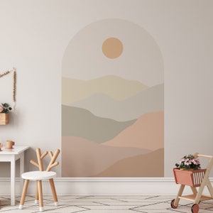 Pastel Mountans Arch Wall Decal | Peel and Stick Sunset Modern Wall Sticker | Landscape Removable Self Adhesive Wall Art Headboard Sticker