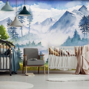 Carta da parati adesiva con montagne acquerellate / Carta da parati con paesaggio rimovibile / Murale autoadesivo con montagne per bambini / Carta da parati con foresta blu 3D