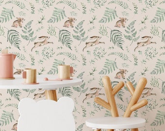 Cute Bunny Wallpaper | Removable Self Adhesive Kids Wallpaper | Woodland Peel and Stick or Pre-Pasted Wallpaper | Eco Friendly