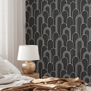 Schwarz-weiße Bögen Wallpaper | Art Deco Ablösbares Selbstklebendes Geometrisches Muster | Vintage Peel and Stick oder vorgeklebte Tapete