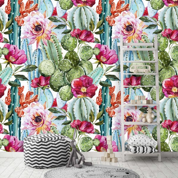 Verwijderbaar Peel 'n Stick-behang, zelfklevende muurschildering, aquarel tropisch patroon, decoratie kinderkamer • Tropische bloemen, rozen en cactus